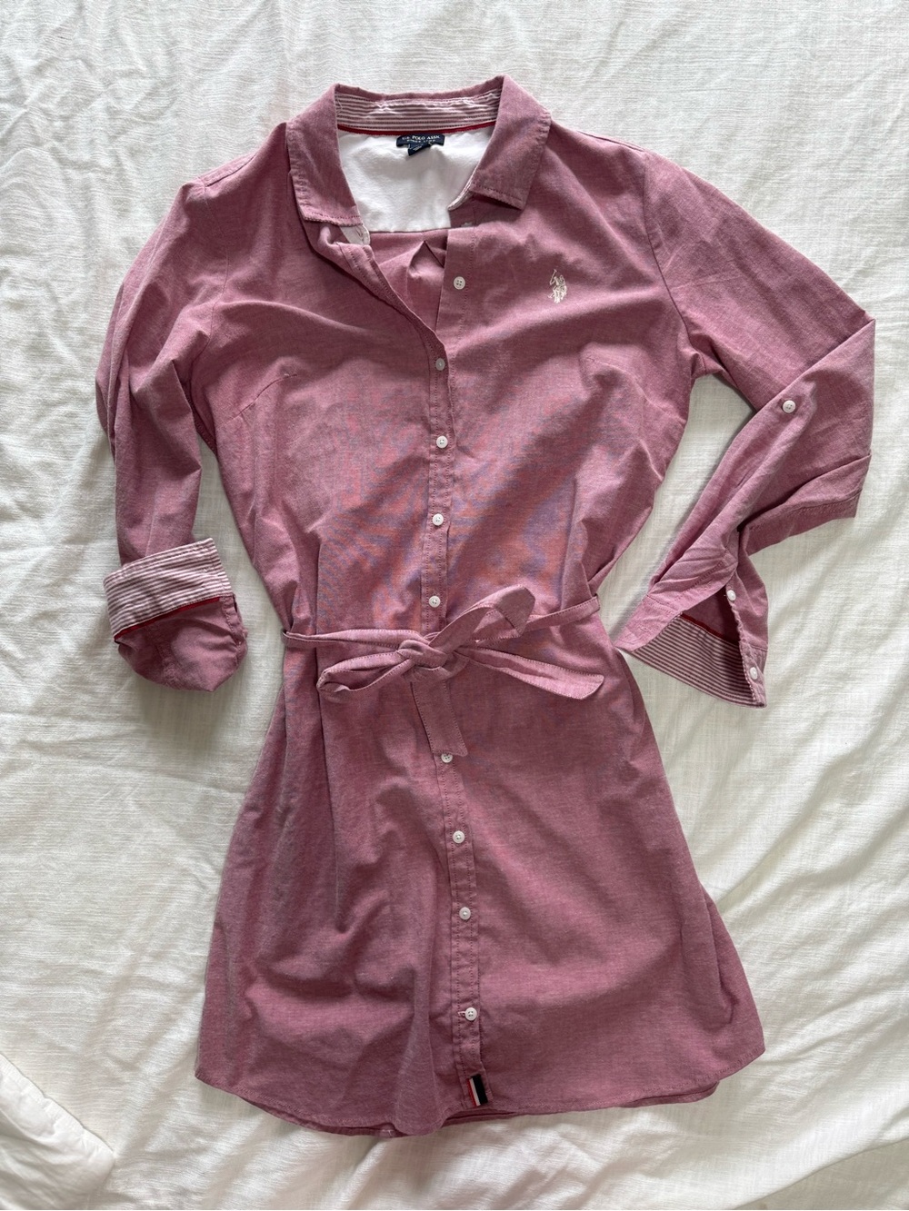 U.S. Polo Assn. Pink Collared Belted Button-Front Shirt Dress Long Sleeve L